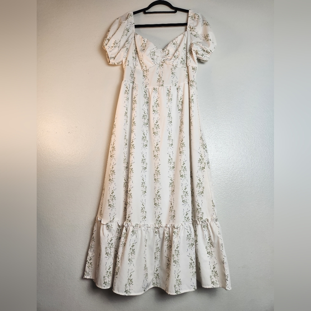 Ivory Floral Puff-Sleeve Maxi Dress - Elegant Garden Style
